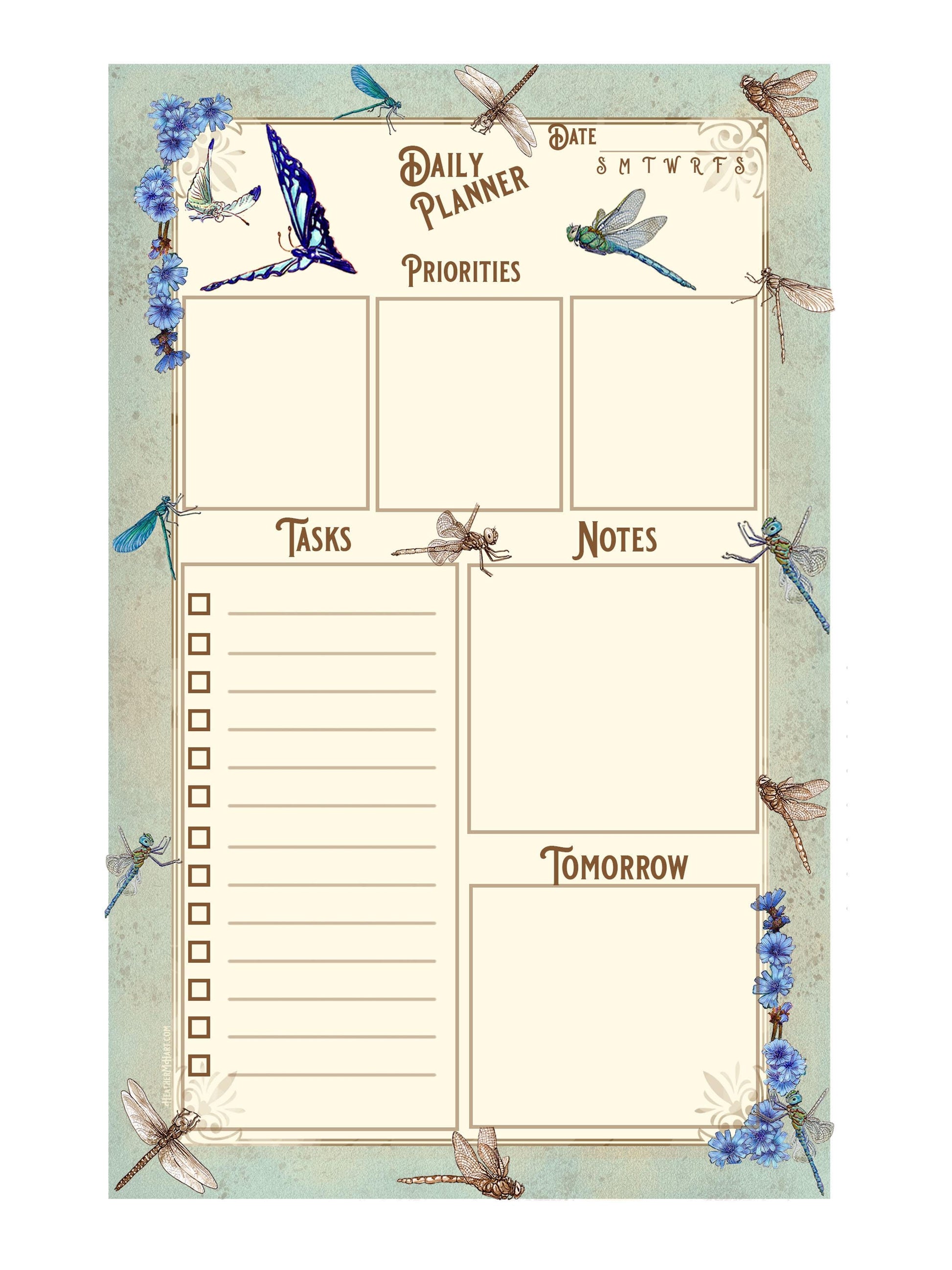 Daily Planner Pad with Dragonfly & Chicory Art, 50 Page To-Do List Notepad, Whimsical Botanical Desk Accessories