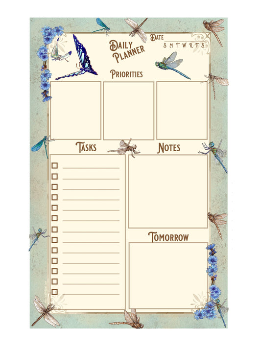 Daily Planner Pad with Dragonfly & Chicory Art, 50 Page To-Do List Notepad, Whimsical Botanical Desk Accessories