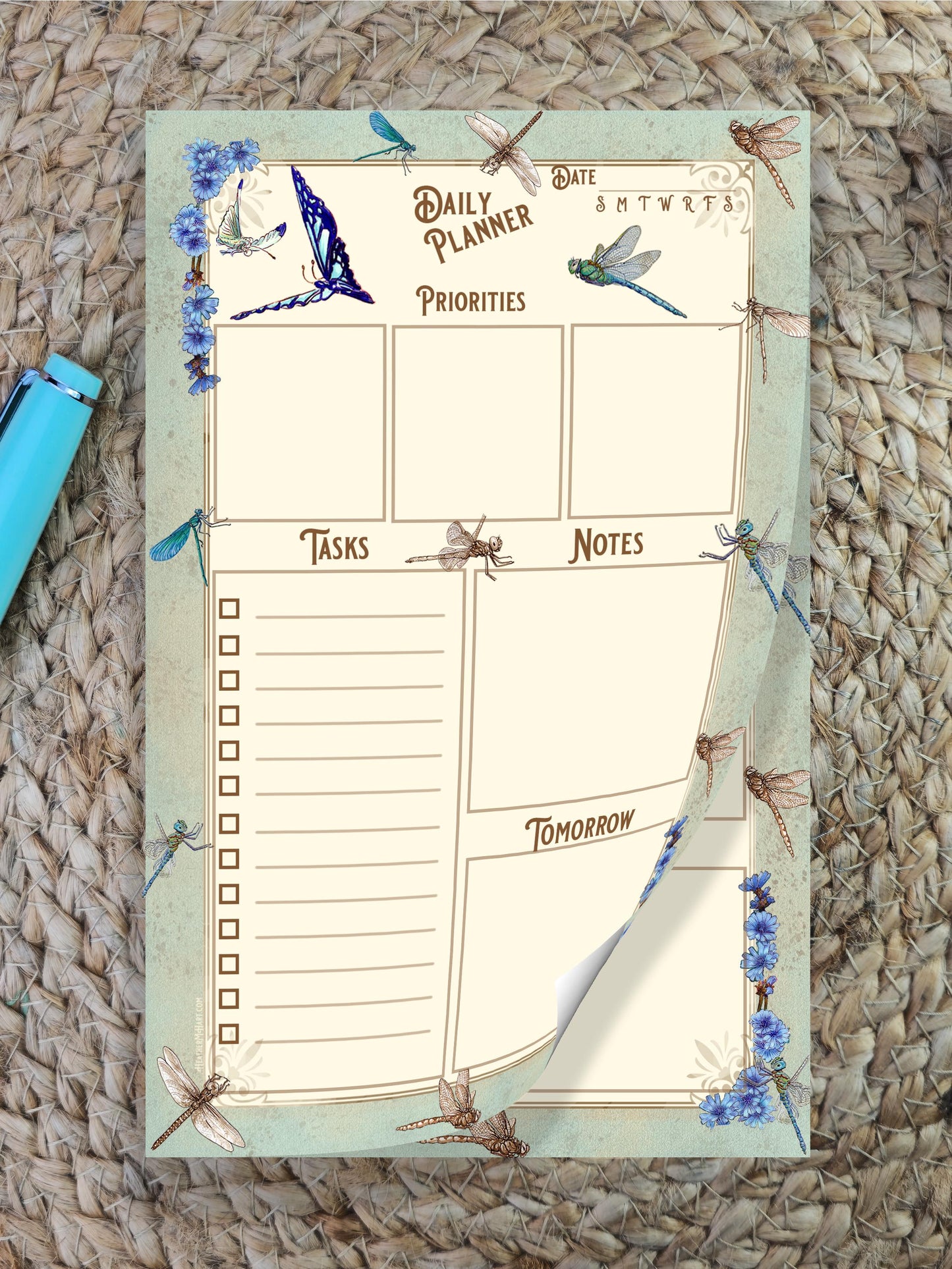 Daily Planner Pad with Dragonfly & Chicory Art, 50 Page To-Do List Notepad, Whimsical Botanical Desk Accessories
