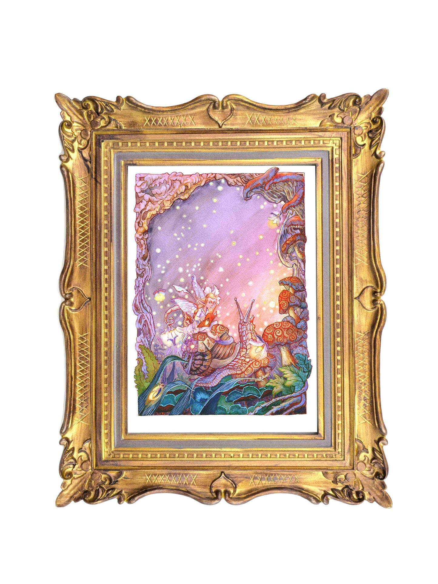 Fairy Riding Snail Art Print 5x7 Whimsical Firefly Fantasy Illustration Archival Cotton Decor