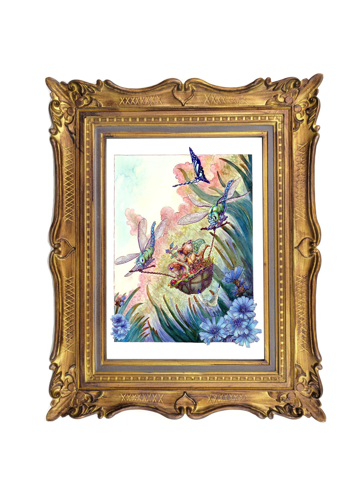 Dragonfly Ferry Shaman Mother Daughter Art Print 5x7 Whimsical Storybook Fantasy Matted Decor