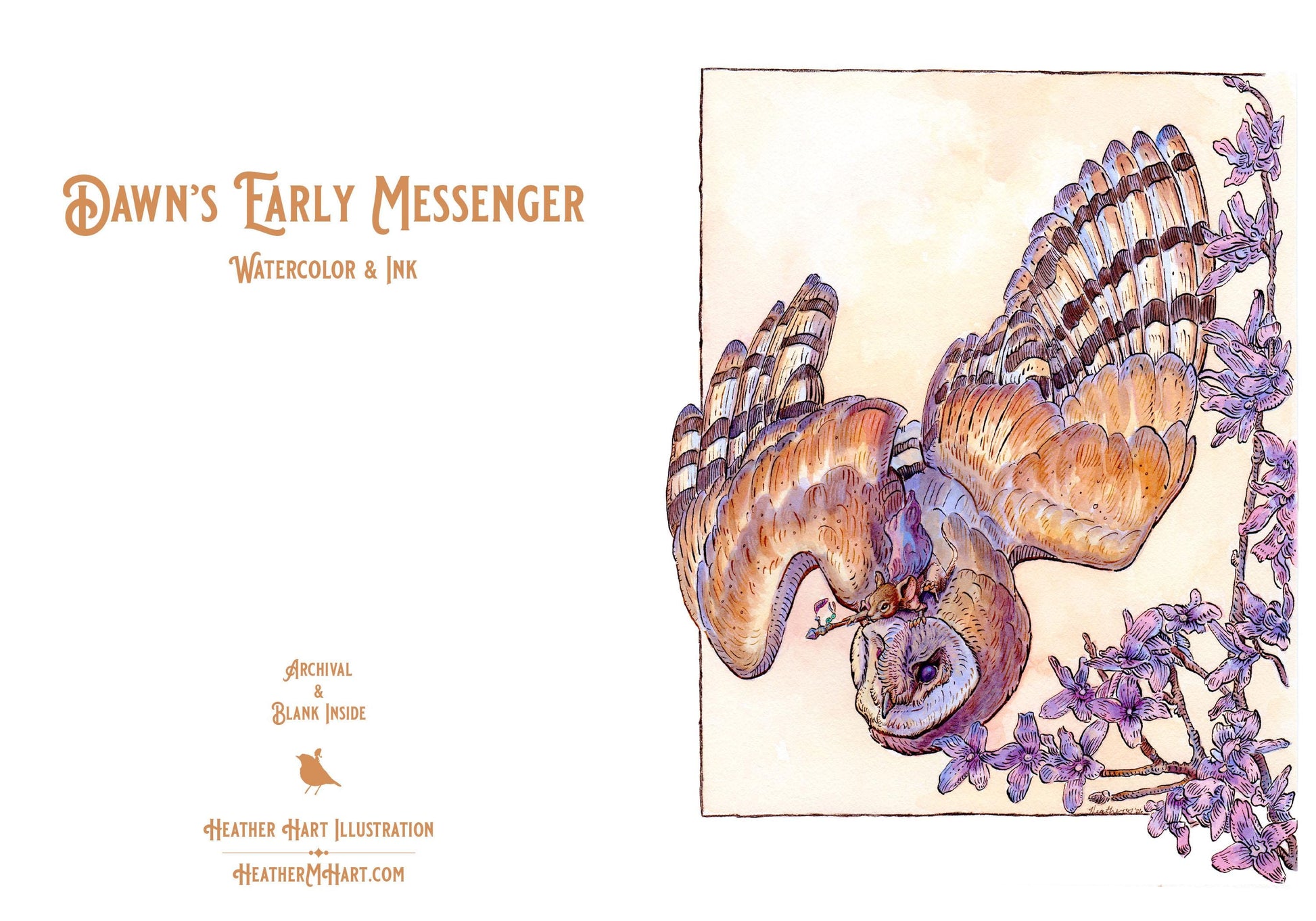 Dawn's Early Messengers Barn Owl Greeting Card-Fantasy Art Stationery-Tree-Free Cotton Paper-Whimsical Mouse Shaman & Pink Forsythia Art