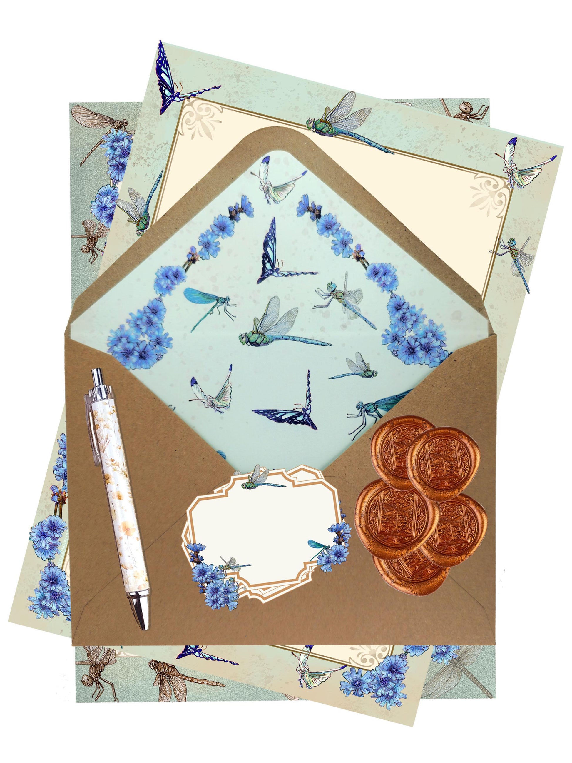 Dragonfly and Chicory Stationery Set - Botanical Nature Journal Letter Writing Kit - FSC Paper