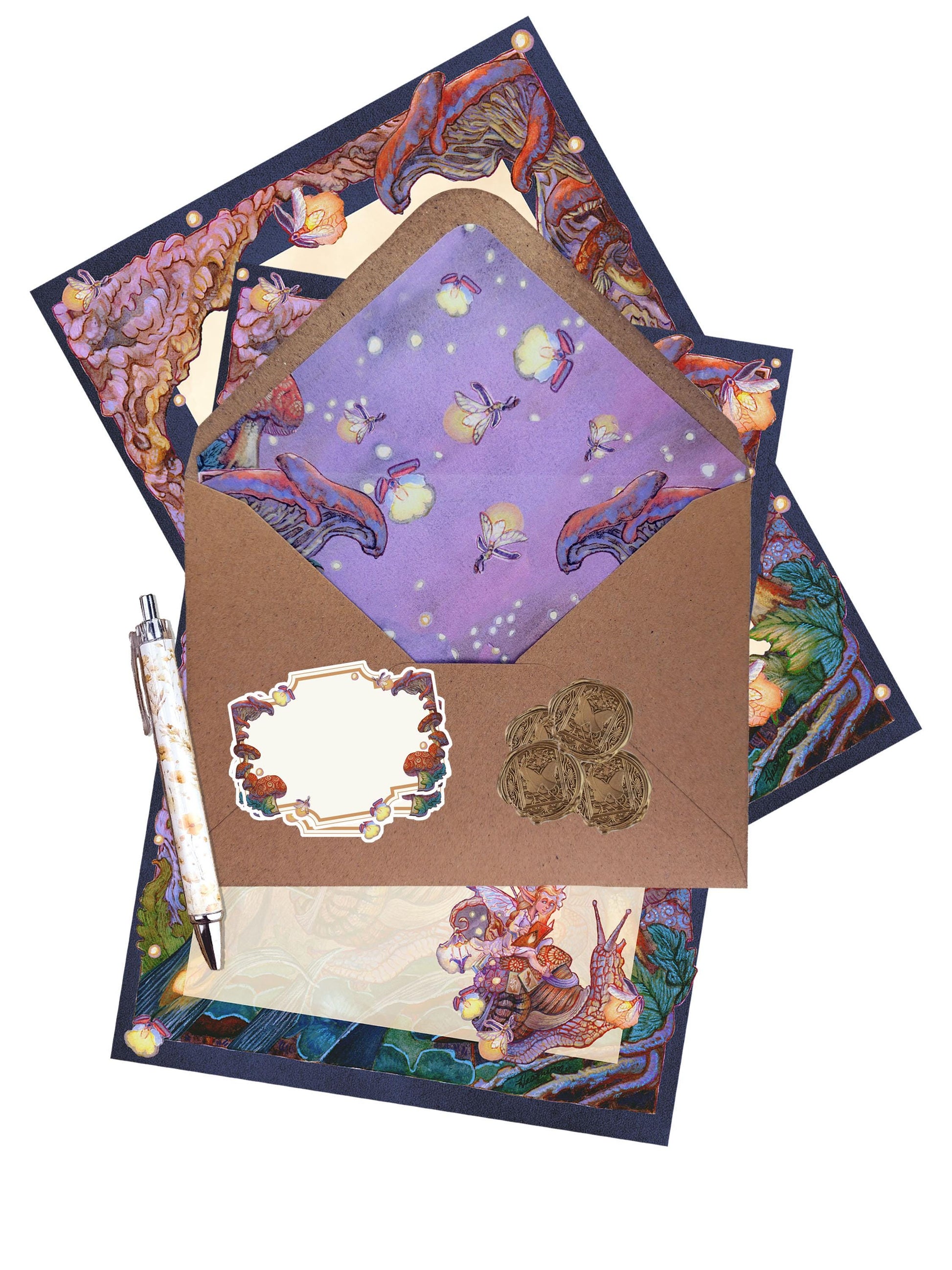 Whimsical Mushroom Stationery Set - Firefly Study Fairy Snail Cottagecore Writing Kit