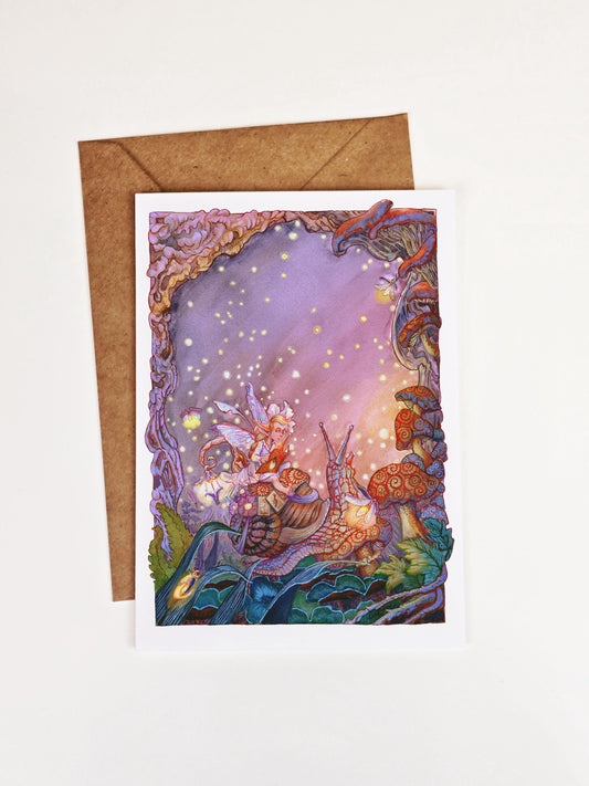 Cottagecore Mushroom Firefly Greeting Card - Whimsical Fairy Snail Tree Free Art Card