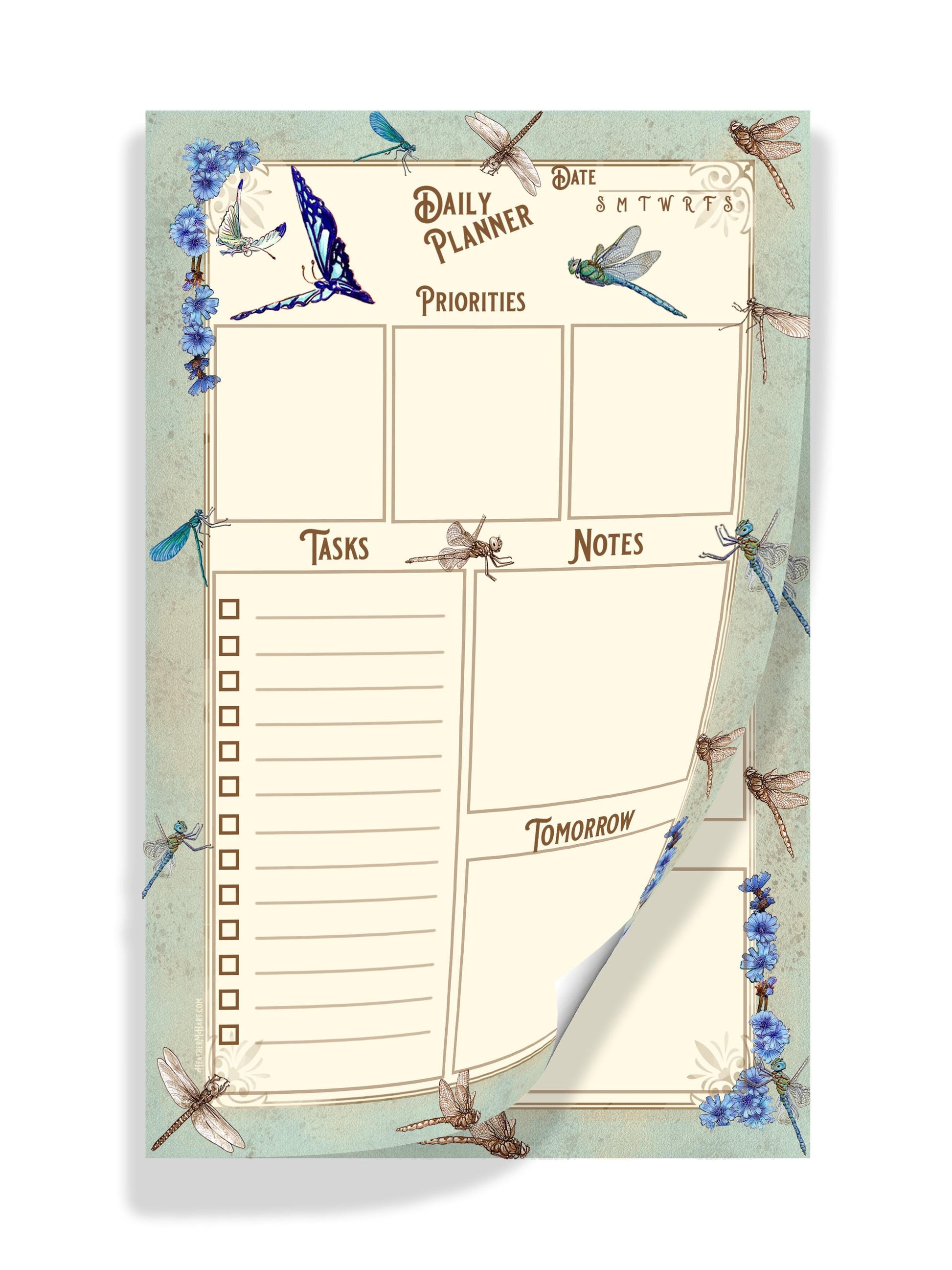 Daily Planner Pad with Dragonfly & Chicory Art, 50 Page To-Do List Notepad, Whimsical Botanical Desk Accessories
