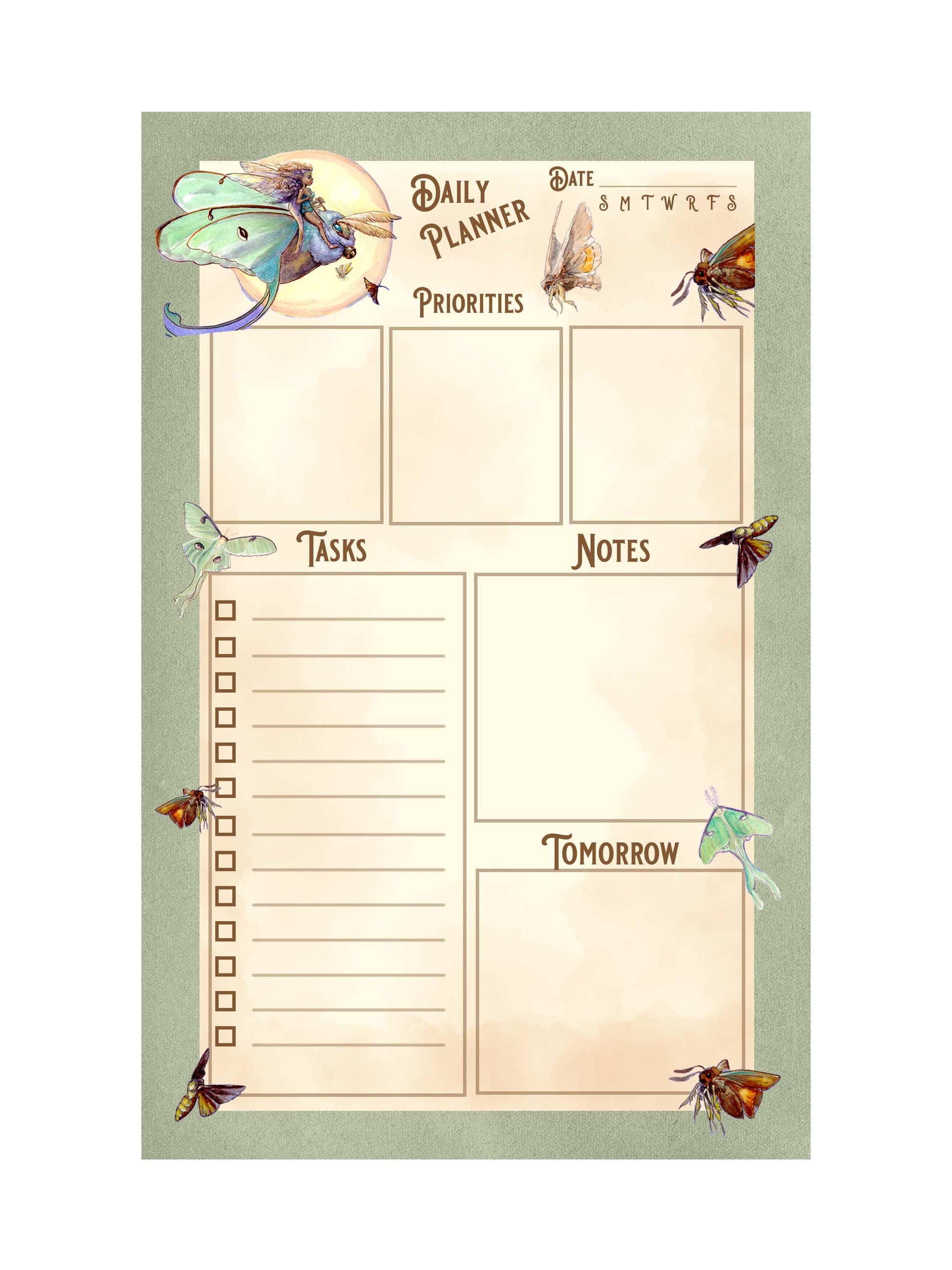 Daily Planner Pad with Lunar Moth Fairy Art, 50 Page To-Do List Notepad, Whimsical Fantasy Stationery, Aesthetic Desk Accessories