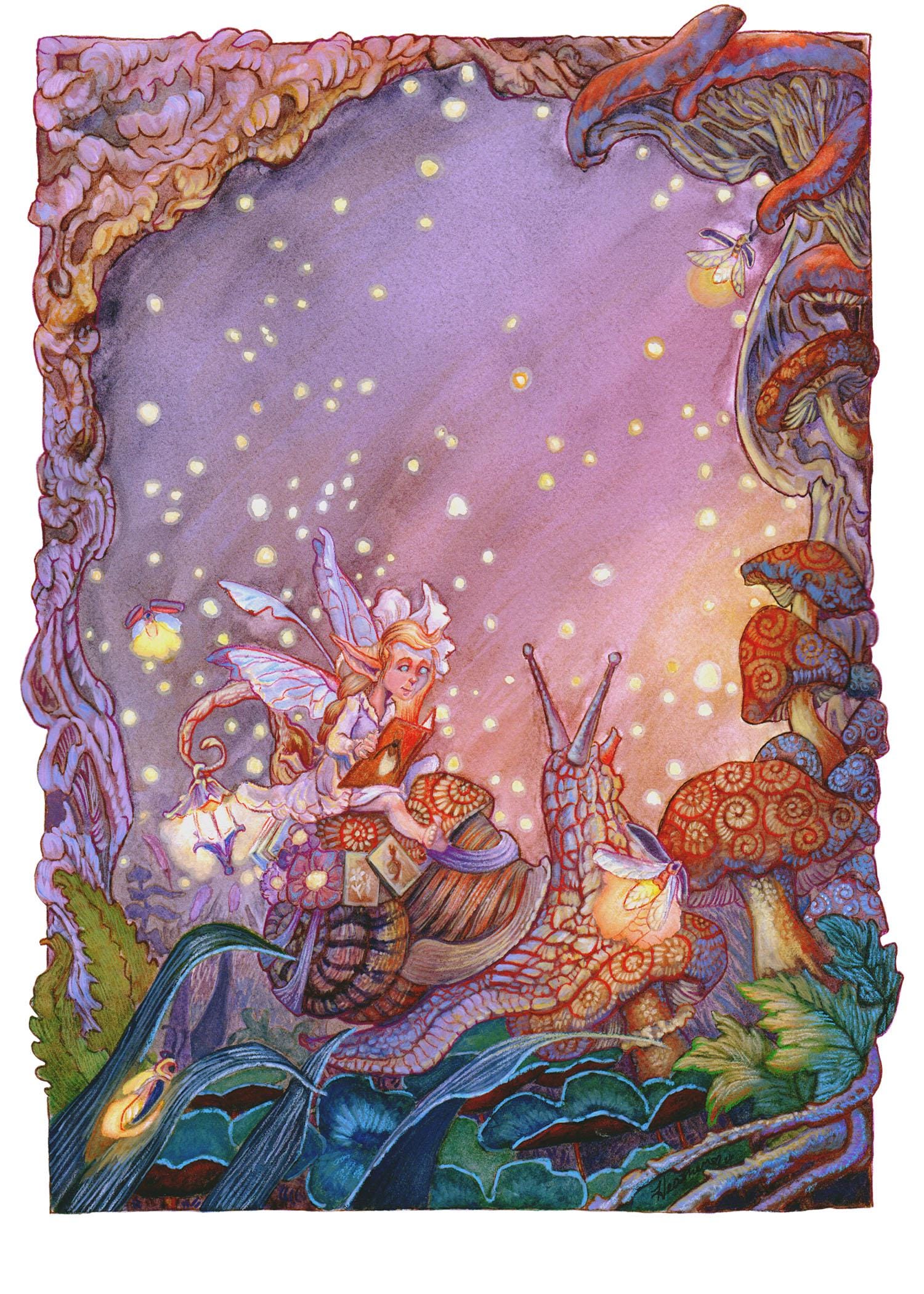 Fairy Riding Snail Art Print 5x7 Whimsical Firefly Fantasy Illustration Archival Cotton Decor