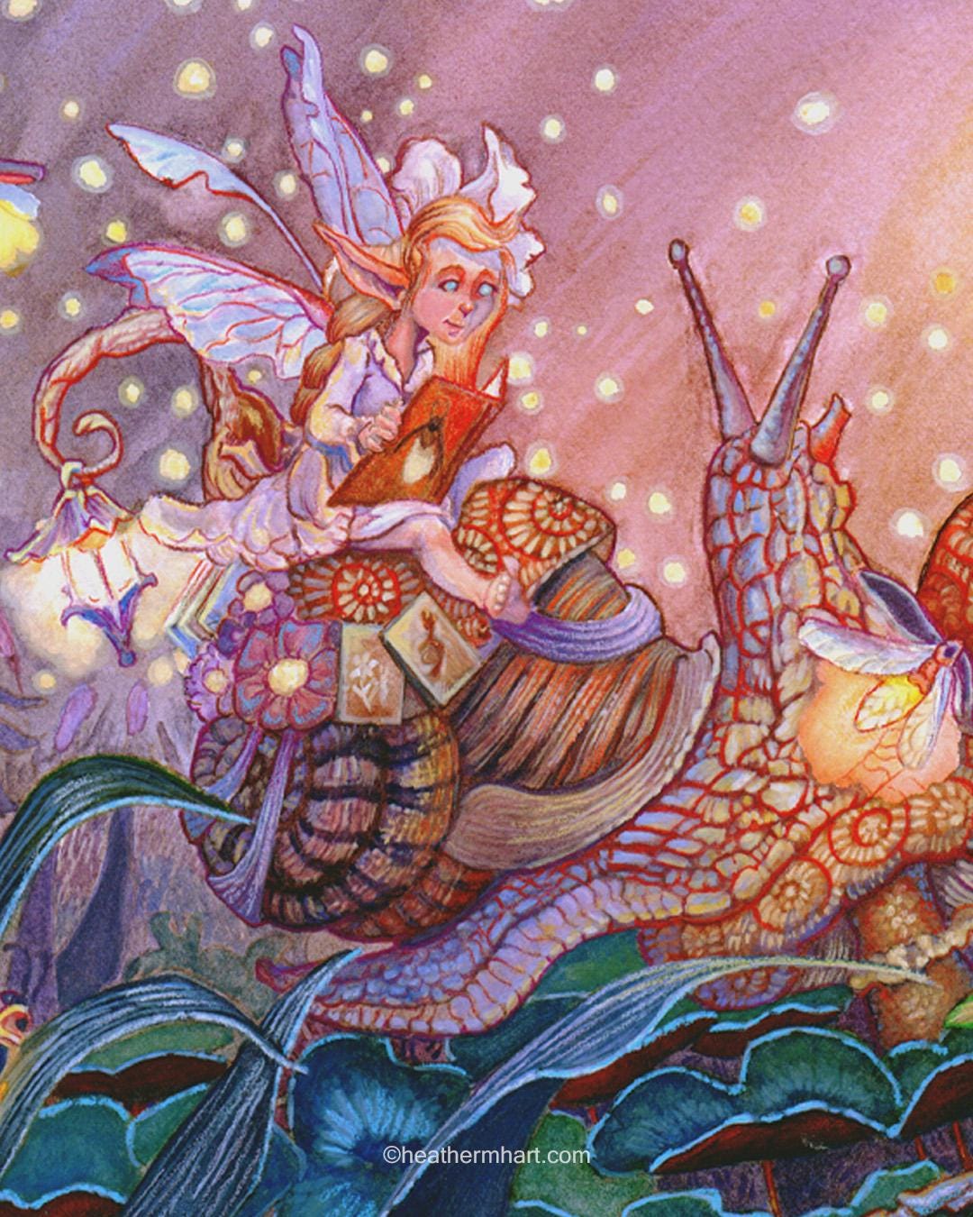 Fairy Riding Snail Art Print 5x7 Whimsical Firefly Fantasy Illustration Archival Cotton Decor