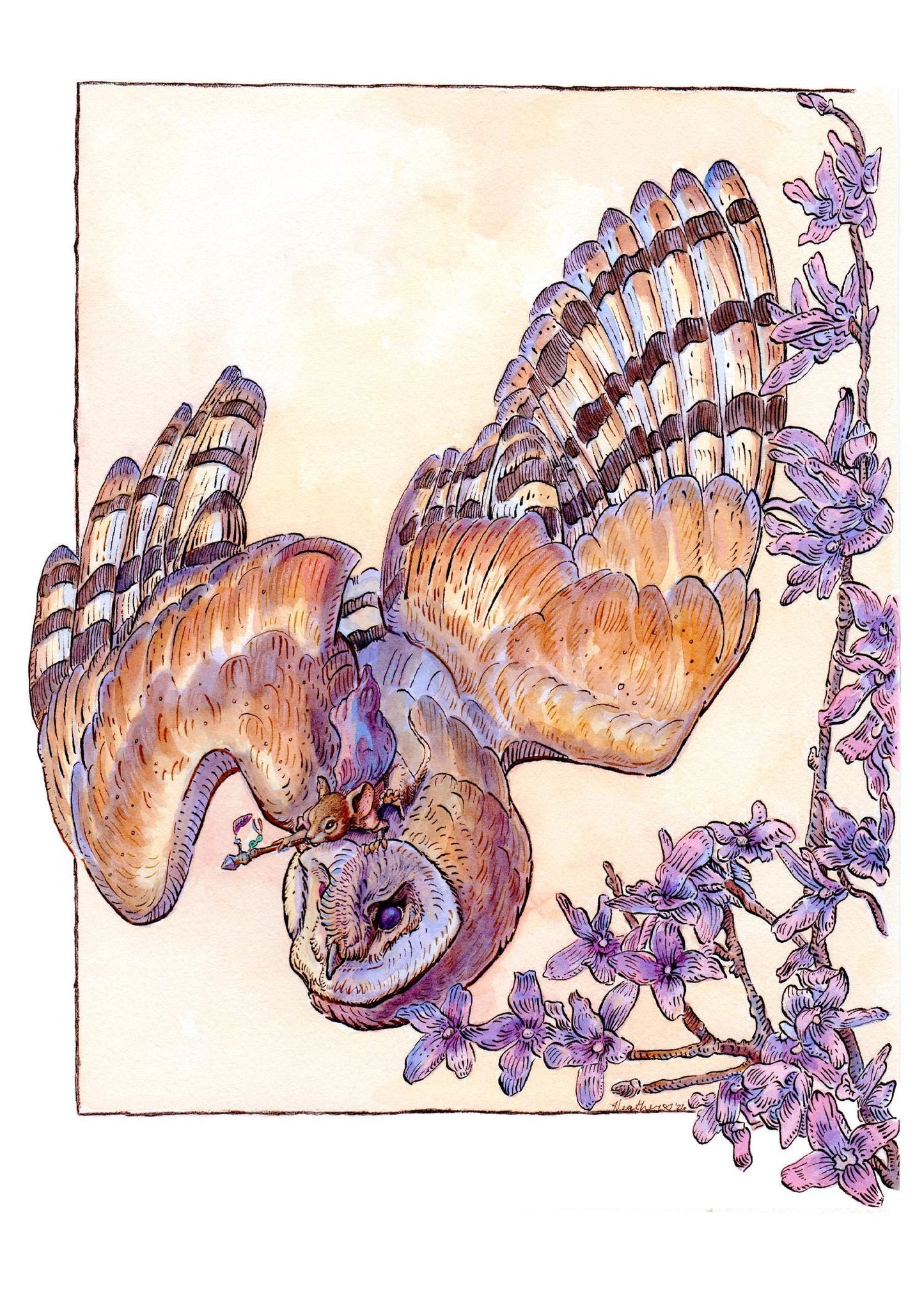 Matted Barn Owl Shaman Art Print 5x7 Whimsical Storybook Fantasy Mystic Pink Flower Decor