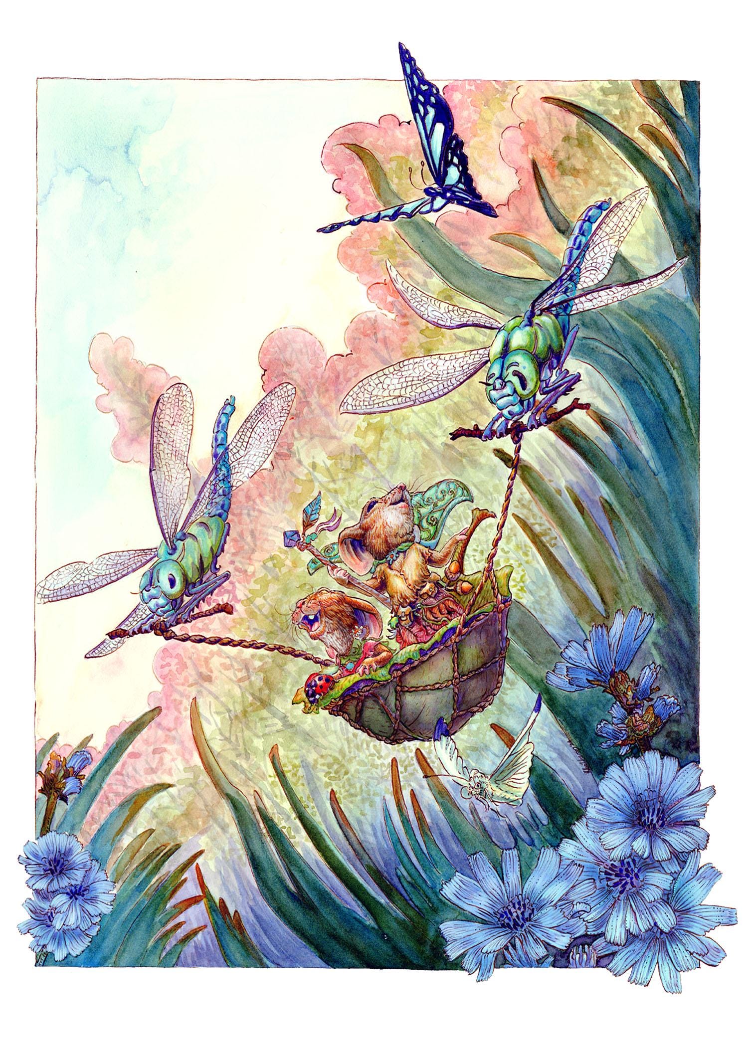 Dragonfly Ferry Shaman Mother Daughter Art Print 5x7 Whimsical Storybook Fantasy Matted Decor