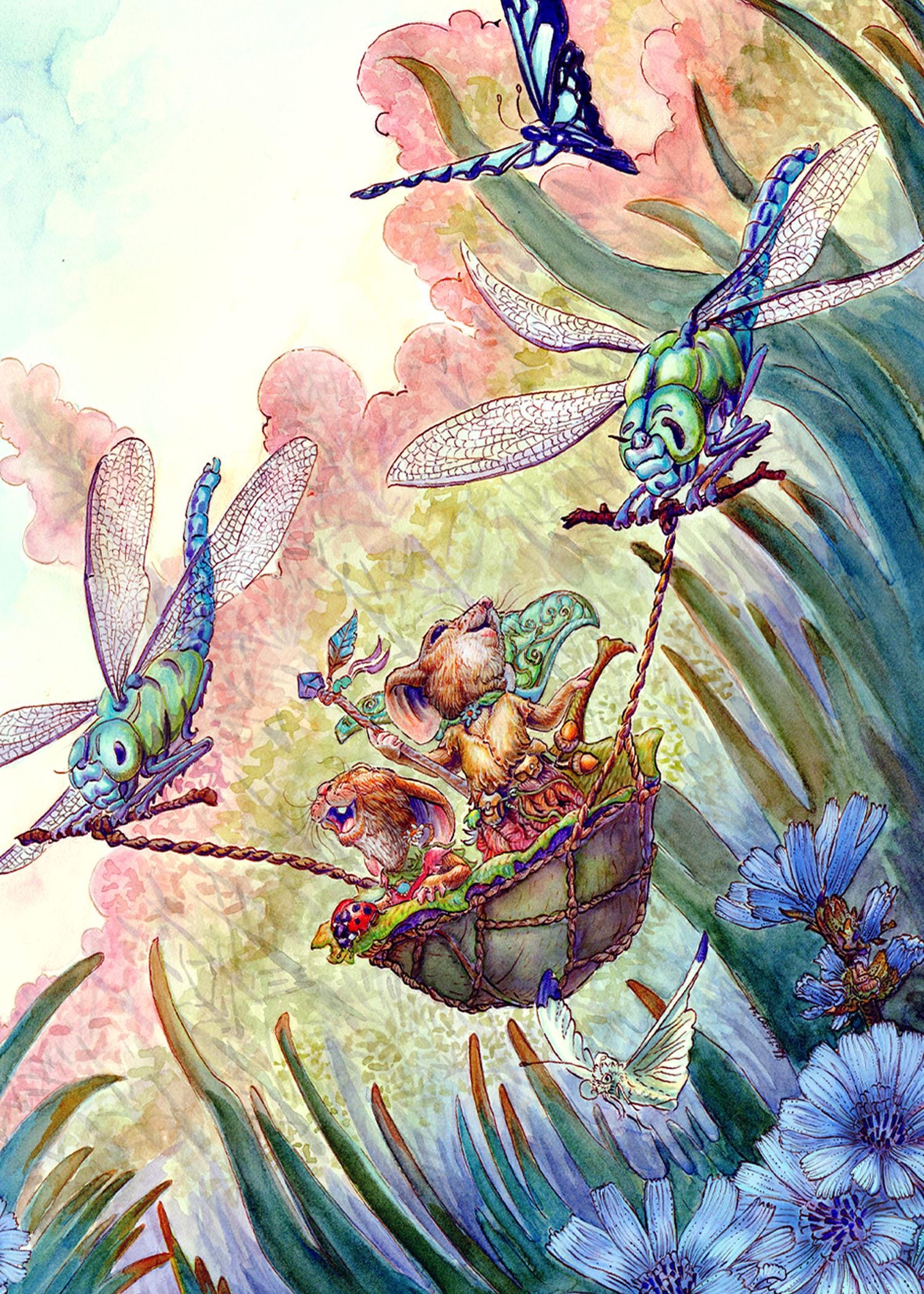 Dragonfly Ferry Shaman Mother Daughter Art Print 5x7 Whimsical Storybook Fantasy Matted Decor