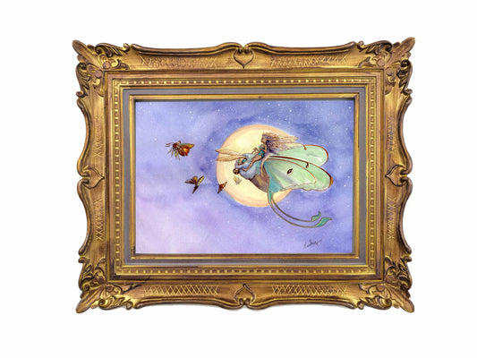 Lunar Moth Fairy Flight Art Print | Celestial Fantasy Watercolor Gouache | 5x7 Mystical Nature Decor