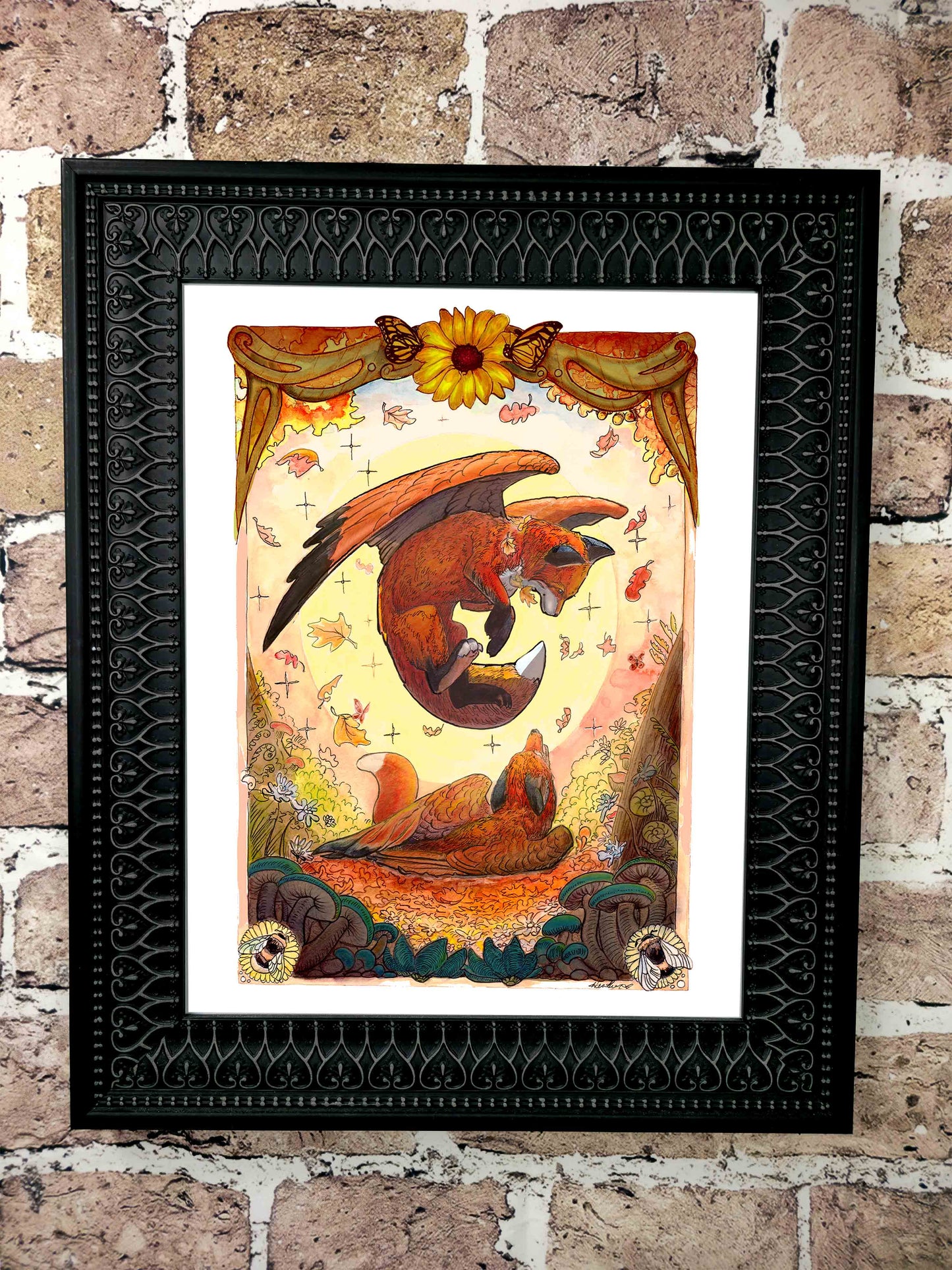 Playful Autumn Fox Art Print. Cozy Autumn Vibes. Fall Leaves Aesthetic. Fantasy Flying Fox Wall Decor. Fox with Wings. Pen Pal gift. Nature Lover Gift