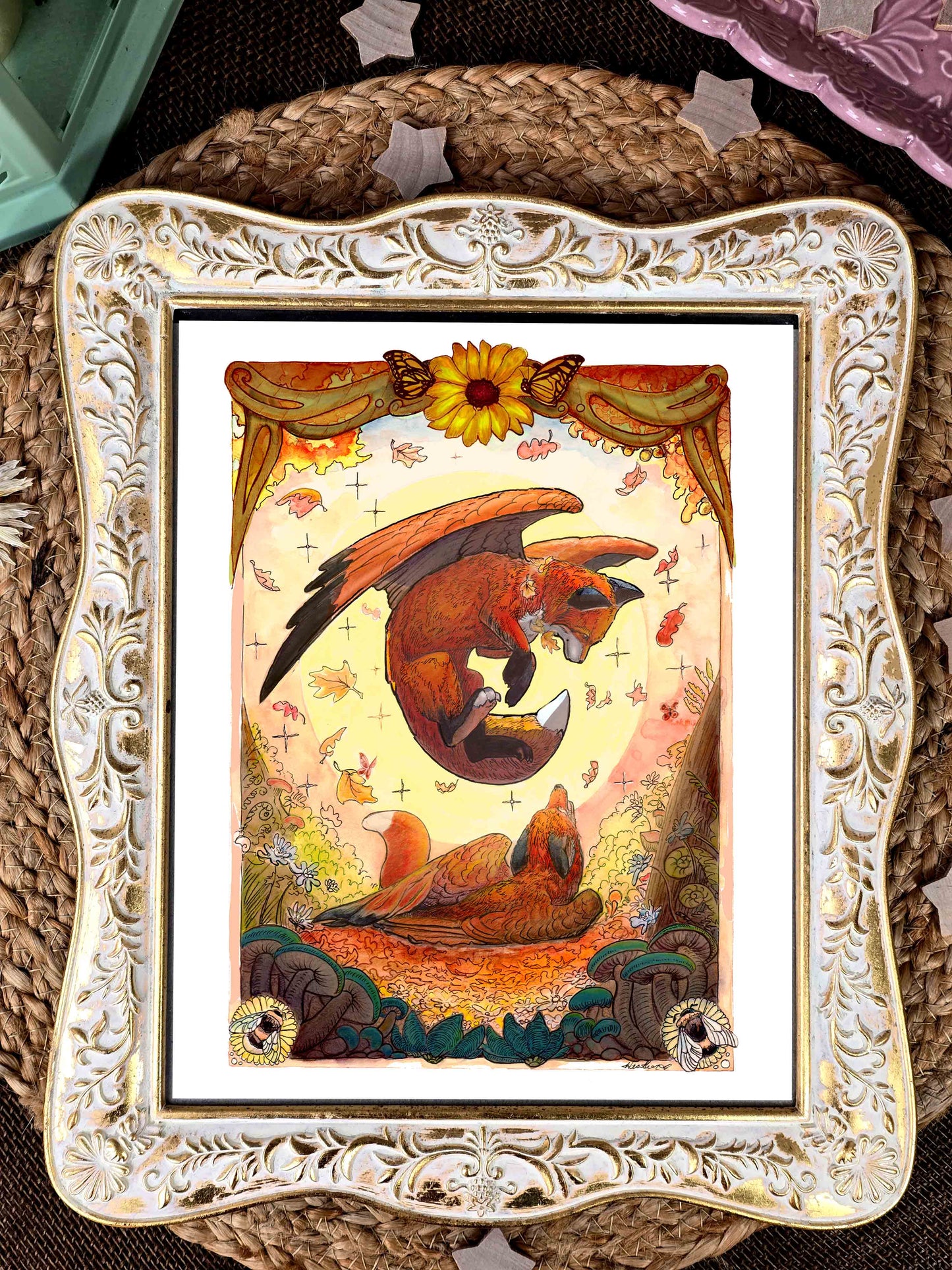 Playful Autumn Fox Art Print. Cozy Autumn Vibes. Fall Leaves Aesthetic. Fantasy Flying Fox Wall Decor. Fox with Wings. Pen Pal gift. Nature Lover Gift