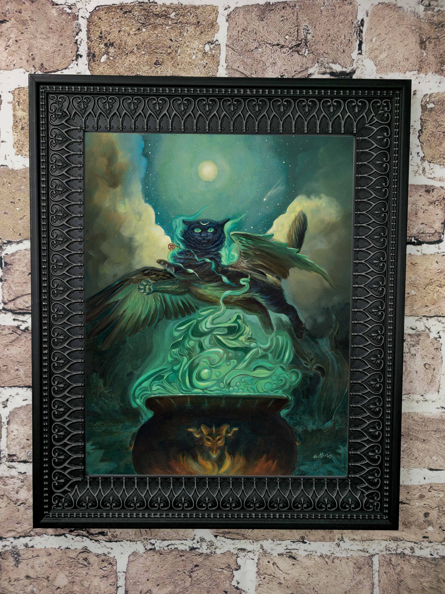 Black Cat Witch Halloween Art Print, Flying with Bat Wings, Magic Cauldron, Celestial Wall Decor, Gifts for Witches, Gift for Wiccan