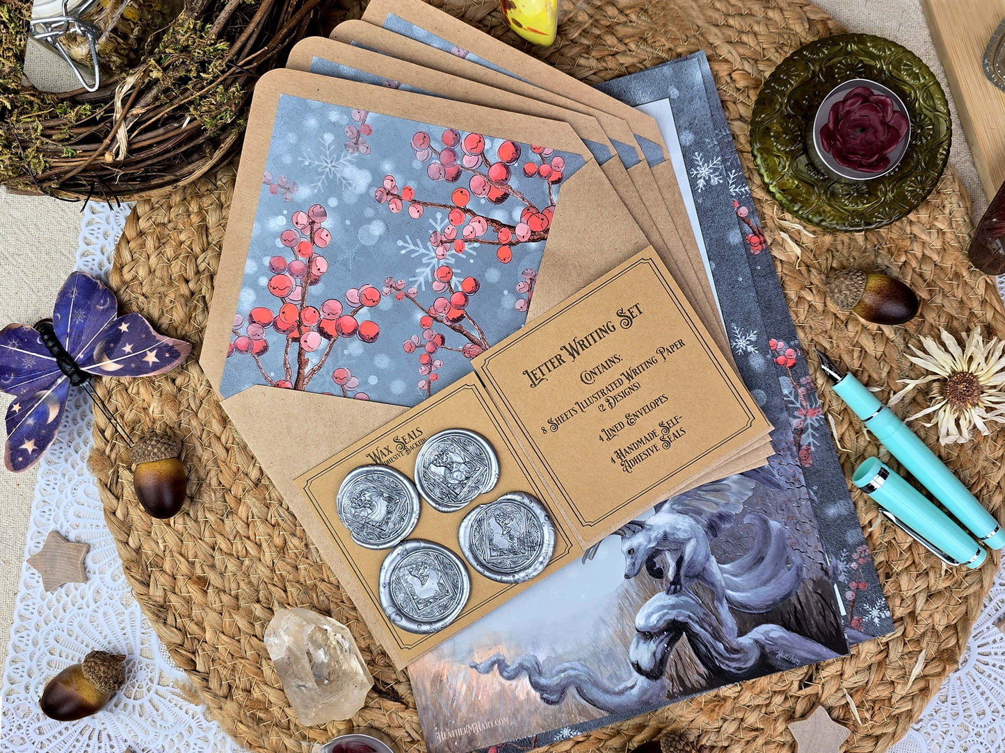 Spirit of Winter Writing Set | Winter Fox Stationery Set |  Wolpteringer Art | Winter Berries | Handmade Wax Seals | Gift for Writer