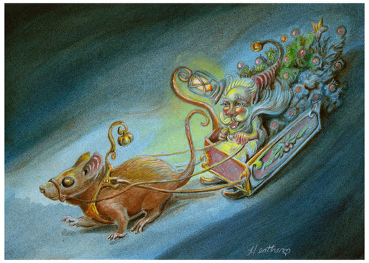 Art Card-Bringing Home The Tree- Faerie folk- Christmas- Fae- Mouse- Fairy Garden Art- Whimsical-Print-Greeting Card