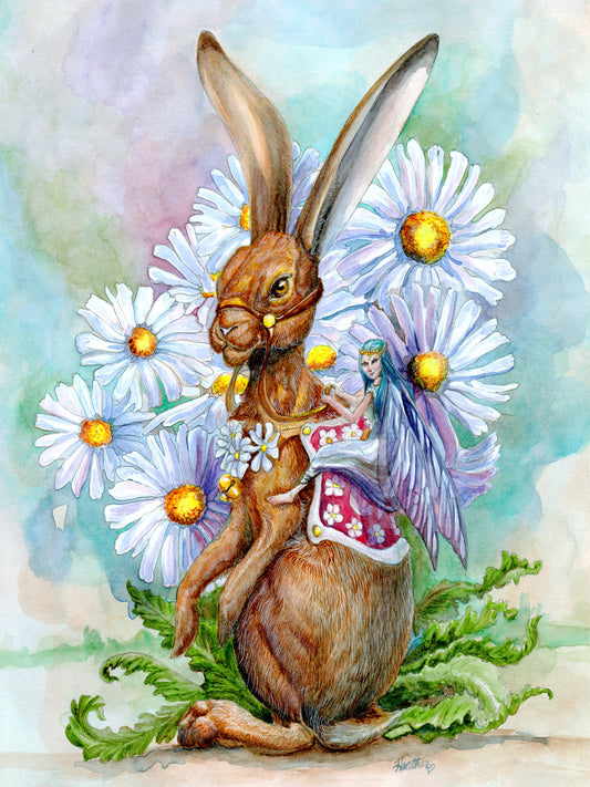 Fantasy Art Print. Daisy Bunny Rider. Gift for Her. Faery/Fairy Garden. Home Decor. fantasy forest. Rabbits. Fantasy Forest