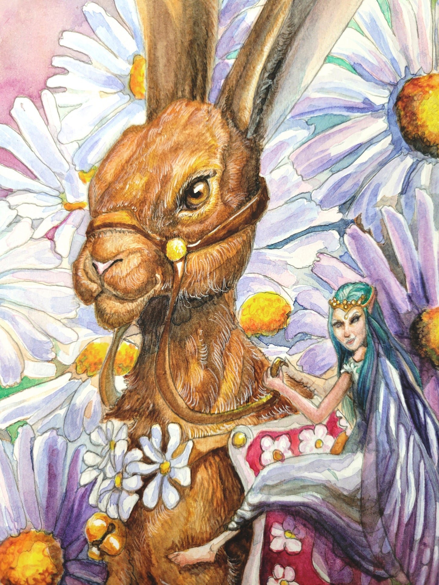 Fantasy Art Print. Daisy Bunny Rider. Gift for Her. Faery/Fairy Garden. Home Decor. fantasy forest. Rabbits. Fantasy Forest