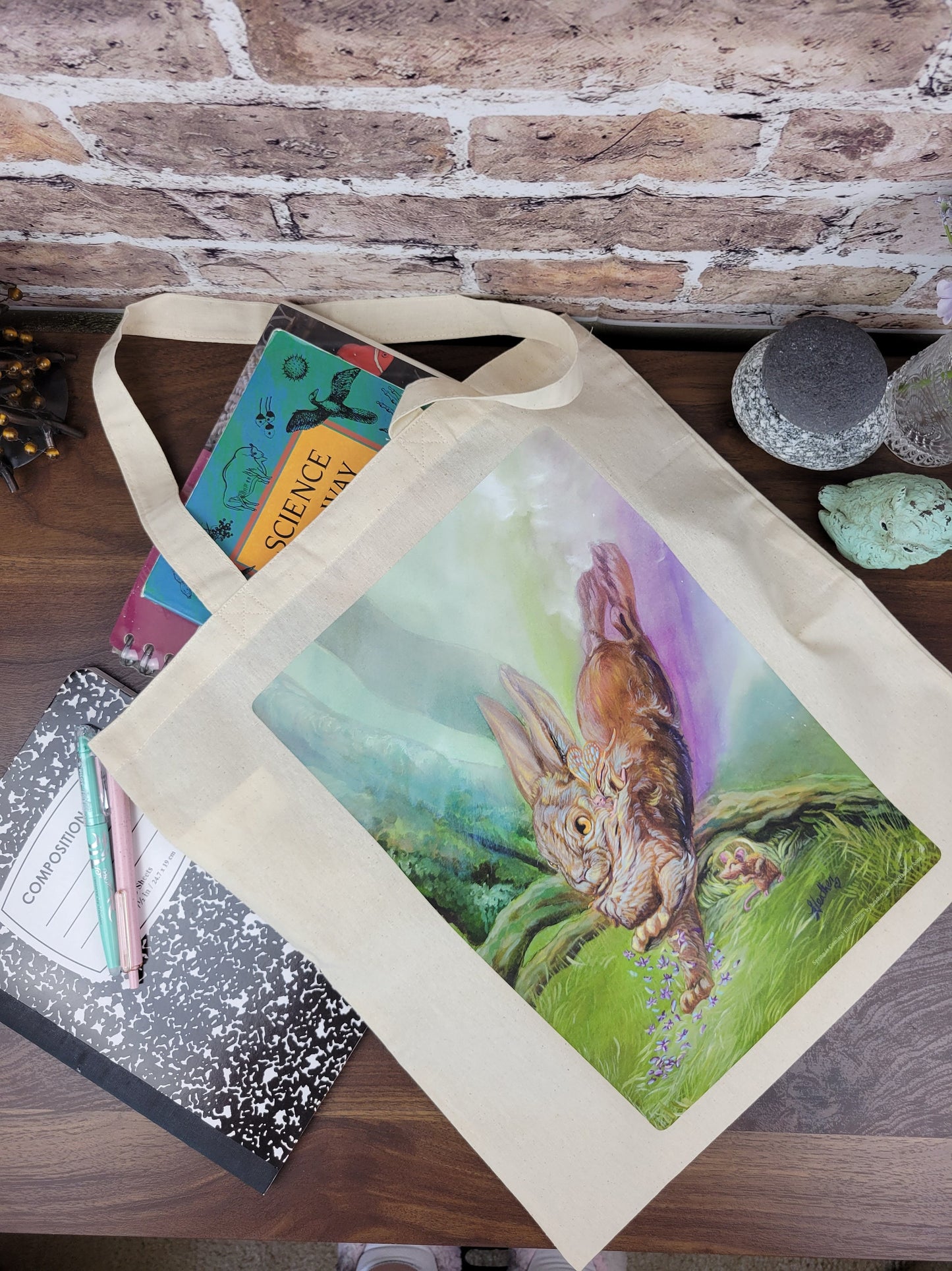 Fantasy Art Totebag. Spring Hare Totebag. Fairycore. Carry-All-Bag. Reusable Grocery Bag. Magical. Travel and Beach bag. Shopping Bag.